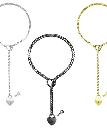 Adjustable Heart O-Ring Punk Rock Cuban Chain Necklace – Lariat Y-Style Necklace with Key & Heart Lock Pendant