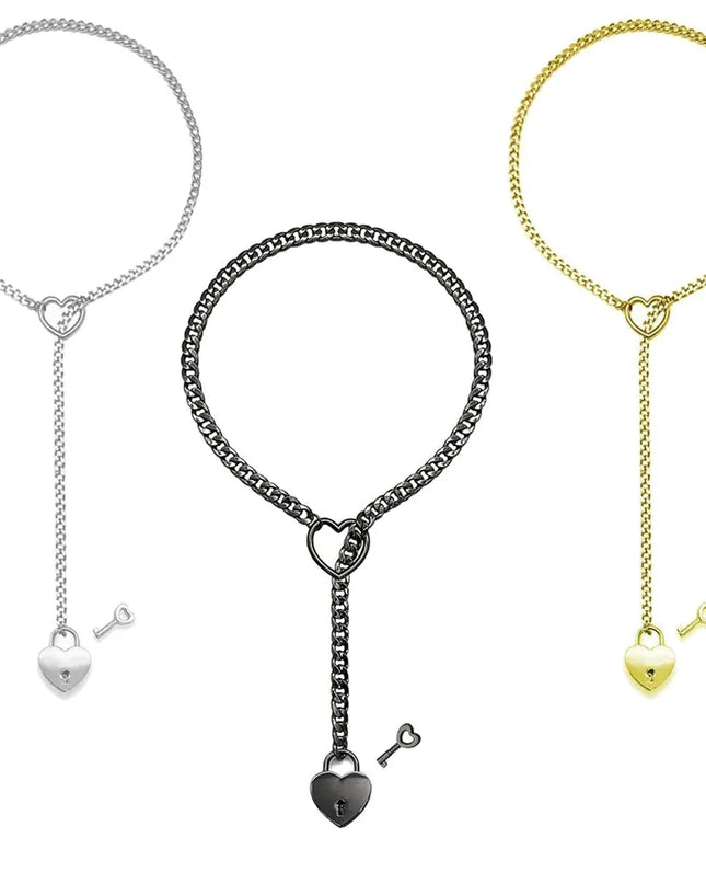 Adjustable Heart O-Ring Punk Rock Cuban Chain Necklace – Lariat Y-Style Necklace with Key & Heart Lock Pendant