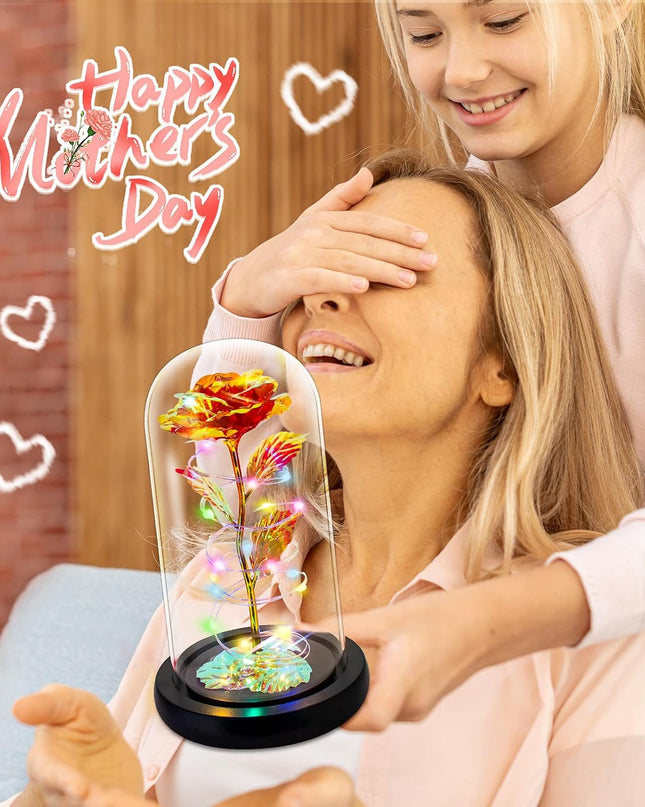 Mothers Day Flowers Gifts for Mom,Birthday Gifts for Women,Rose Flower Mom Gift for Her Wife Grandma,Colorful Red Light up Rose in a Glass Dome with Colorful Light,Moms Presents from Daughter Son
